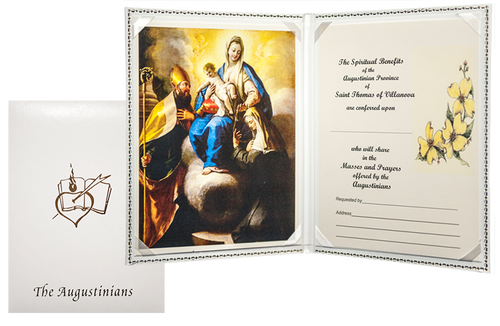 SYMPATHY CARD (DELUXE PADDED)
Suggested donation: $25.00
Size: 8.75 x 6.5
This sympathy card features Our Mother of Consolation which has been the principal devotion to Mary within the Augustinian Order since the 17th Century. Its origin among the Augustinians is directly tied to the life of Saints Monica and Augustine.