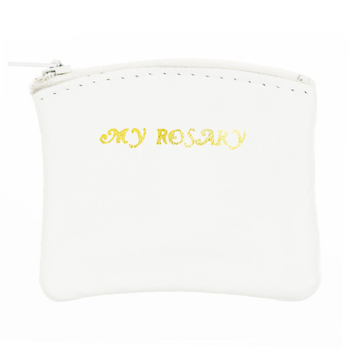 White Leather Rosary Pouch with Zipper Closure.  This white leather rosary case is durable and attactive. The rosary pouch features "My Rosary" in gold scripted calligraphy on front of rosary case. The white leather rosary case holds a medium size rosary.  A simple way to store your rosary safely, on the go, or on your nightstand.  A versatile gift for anyone. The white leather rosary pouch with zipper makes a great first communion gift when paired with a special rosary.