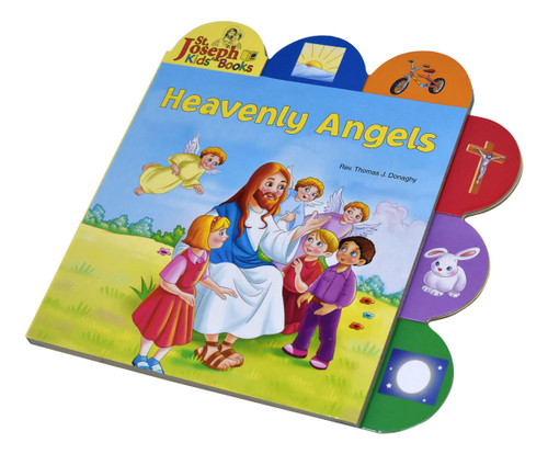 Heavenly Angels by popular author Rev. Thomas J. Donaghy,  is a short board book that introduces young children to the wonderful world of Angels. The tabs help children pick out elements in each of the spreads, making reading this book an interactive experience. Heavenly Angels contains bright, vivid, and playful contemporary illustrations that will make this book an enjoyable learning experience for young Catholic children. Details:  9 1/2" X 9 1/2" ~ Full Color Board Book ~ 12 pages 