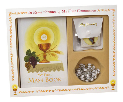 808/56G - This Classic Boxed Set for girls or boys contains a My First Eucharist Edition First Mass Book, laminated scapular, deluxe chain rosary, enamel pin, and a deluxe vinyl rosary case. Hardcover Book measures 4" x 6 1/4".