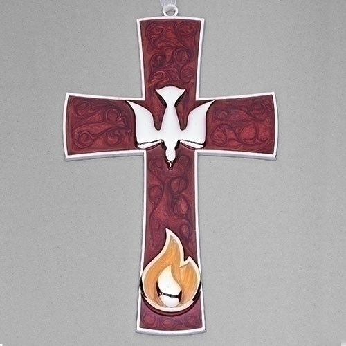 7.5"H Confirmation Cross. This is a brown enameled 7 1/2" cross. The cross is adorned with a silver dove and flame icons at the bottom of the cross.  Made of a zinc alloy that is lead free. 
