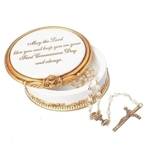 2" White and Gold Holy Communion Keepsake Box. Keepsake box is adorned with a chalice and the words  "May the Lord bless you and keep you on your Frist Communion Day and always."  Box measures 2." round. Made of a resin/stone mix. ROSARY NOT INCLUDED!