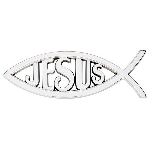 Silver Color Jesus/Ichthus Auto Emblem. Measurements are 5" W X 1.75" H. Auto emblem is made of a Plastic / Adhesive. 