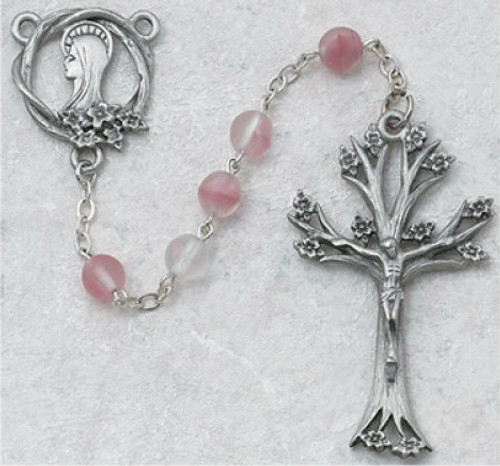 Rosary-Rose Glass Beads with Dogwood Crucifix and Head of the Blessed Mother Center