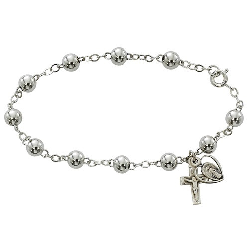  7 1/2"  Adult Rosary Bracelet- 6 MM sterling silver beads and wire, sterling silver crucifix and miraculous medal. Includes  a deluxe gift box. Made in the USA