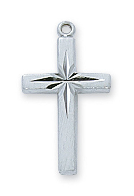 Engraved Cross comes on and 18" rhodium or gold plated chain. Dimension: 13/16"L. Available in sterling silver or gold plate over sterling silver.