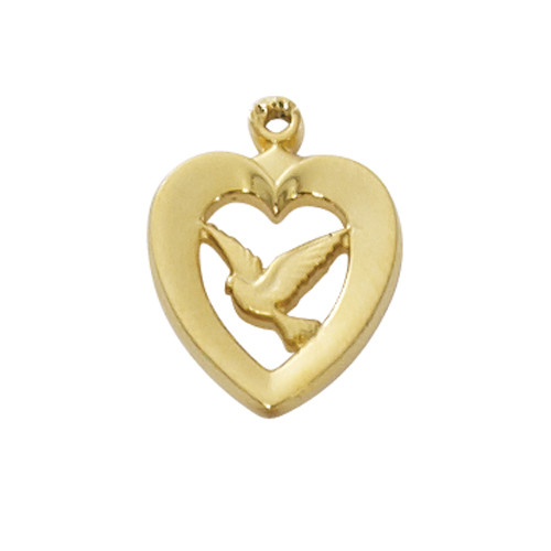 1/2" Heart with Dove Medal.  Gold Plated Sterling Silver on an 18" Rhodium Plated Chain. Gift Box Included. Made in the USA