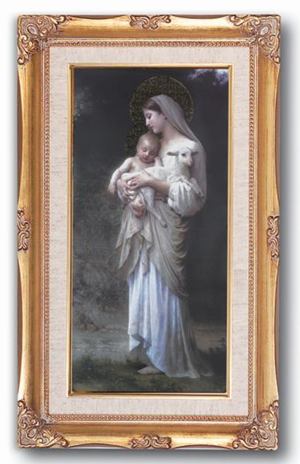 Antique Gold-Leaf Wood Frame with Four Curved Design and Acanthus-Leaf Tips
7-1/4" x 14-1/2" Divine Innocence by Bouguereau
Under 7-1/4" x 14-1/2" Protective Glass
Frame size is 11-1/4" x 18-1/2"
Frame width is 2-1/8"
Comes with Wall Hanging Option
Artwork Printed in USA
Assembled in the USA
Comes Boxed