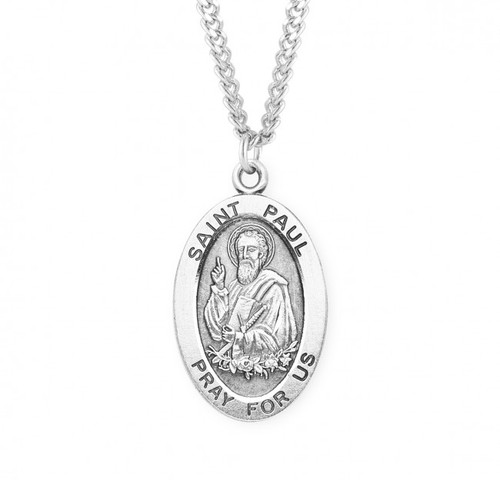  St Paul medal comes on a 24" genuine rhodium plated endless curb chain.  Dimensions: 1.1" x 0.7" (27mm x 17mm). Weight of medal: 2.8 Grams. Engraving option available.  Made in USA