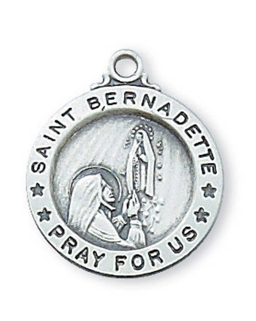 Sterling Silver Small Saint Bernadette 3/4" Round Medal comes on an 18" chain. Deluxe Gift Box Included. Made in the USA

 