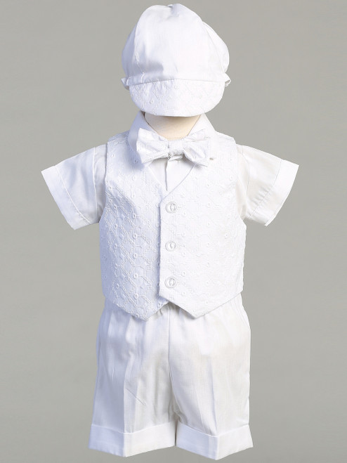 Diego ~ White cotton vest and poly cotton short set. Vest is embroidered. Diego Christening Set comes with a clip on bow tie and hat! Sizes : 0-3m, 3-6m, 6-12m, 12-18m, & 18-24m, 2T and 3T. Made in USA. 

 