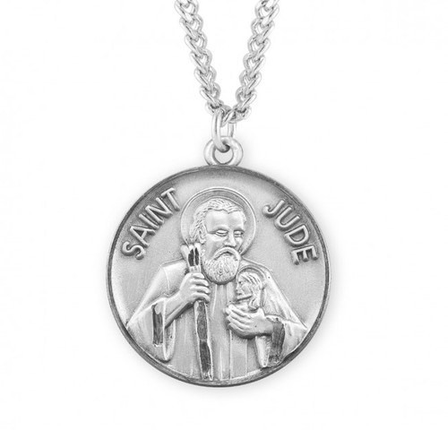 St. Jude .925 Sterling Silver Round Medal.  Dimensions:  1.1" x 1.0" (29mm x 26mm).   Weight of medal: 6.8 Grams. Medal comes on an 24" genuine rhodium plated curb chain.  Made in USA. Deluxe velvet gift box included. Engraving available.