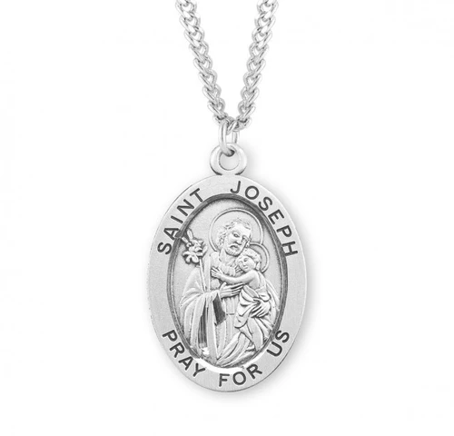 Sterling Silver Large Oval Saint  Joseph Medal - 24" Chain