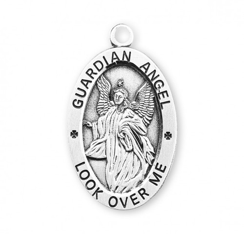 Guardian Angel .925 Sterling Silver Oval Medal.  Dimensions:  1.1" x 0.7" (27mm x 17mm).  Weight of medal: 2.8 Grams. Medal comes on an 24" genuine rhodium plated curb chain.  Made in USA. Deluxe velvet gift box included. Engraving available. 