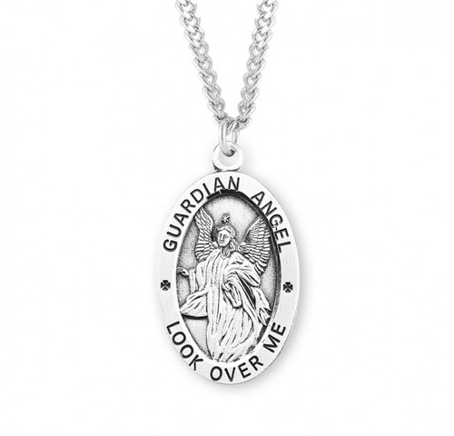 Sterling Silver Large Oval Guardian Angel Medal - 24" Chain