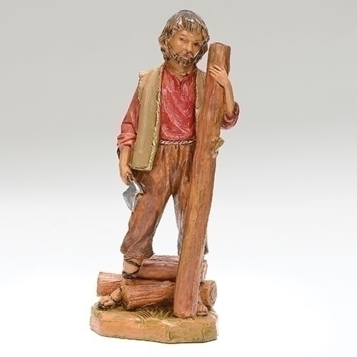 Fontanini 5" scale Figurine depicts Jude the Woodsman holding and ax and a log. Jude the Woodsman is skillfully hand-painted and sculpted by master Italian artisans. Unbreakable. Comes boxed.  Material: child-friendly polymer