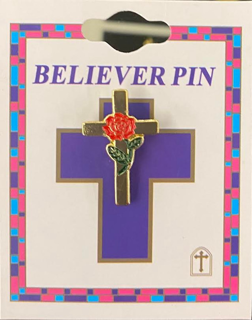 1" Cross with Red Rose in the enter. Comes carded. 