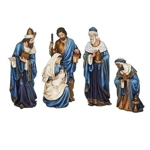 9.5"H- 1`5"H Figures comprise this beautiful 4 piece blue and gold nativity scene. Figures include the Three Wisemen and the Holy Family. Actual dimensions are 9.5"-15"H 29"W 5"L. Figures are made of resin.
