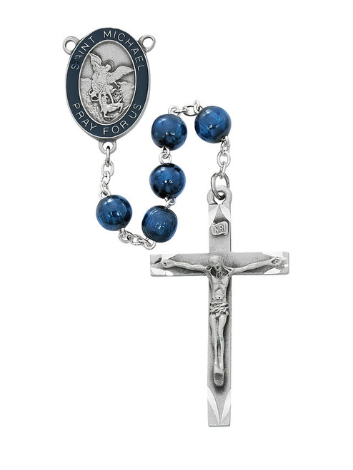 St Michael Blue Wood Bead Rosary