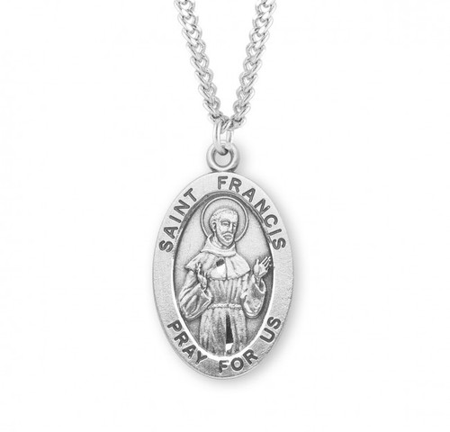 Sterling Silver Large Oval St. Francis of Assisi Medal - 24" Chain