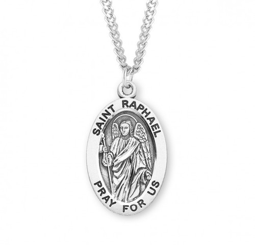 Sterling Silver Large Oval St. Raphael Medal - 24" Chain