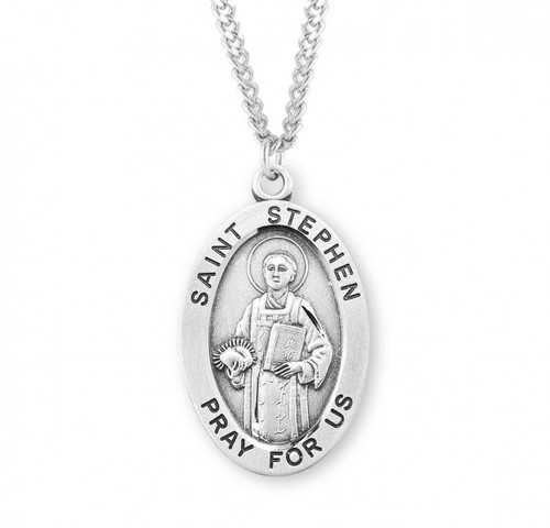 Sterling Silver Large Oval St. Stephen Medal - 24" Chain