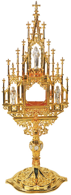 24K Gold-Plated Gothic Eucharistic Monstrance with Silver Statues – 23" H