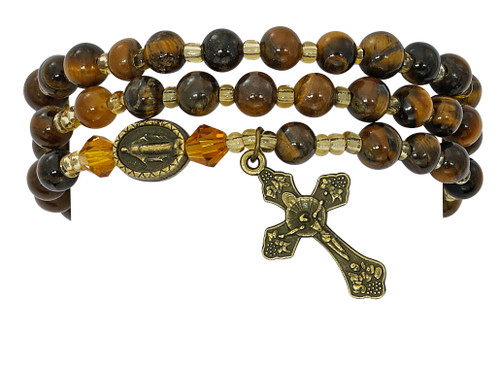 6mm Tiger Eye beads make up this full stretch rosary bracelet. The bracelet when off the wrist is a full rosary to pray on. 