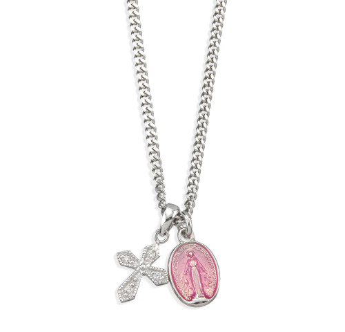 Sterling Silver Pink Enameled Miraculous Medal with Cross Necklace - 16" Chain