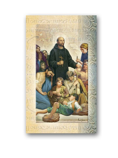 This pamphlet is a 2 page biography.  The pamphlet includes the name meaning, the patron attributes, Prayers and Feast Day are all included in the pamphlet. Gold stamped Italian art