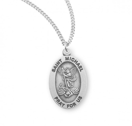 Sterling Silver Small Oval St. Michael the Archangel Medal - 18" Chain