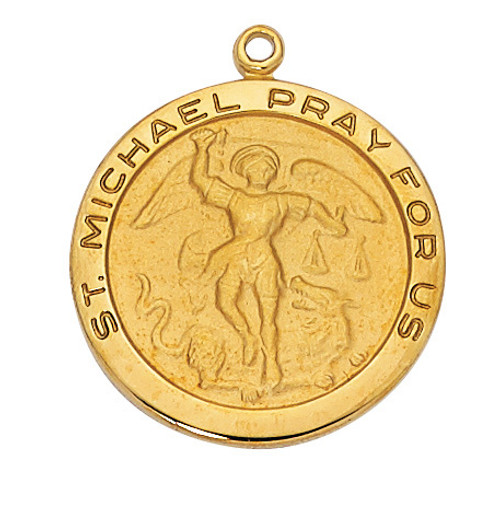 1 - 2/16" Gold over Sterling Silver Saint Michael Round Medal. St Michael Round Medal comes on a 24" Gold Plated Chain. A Deluxe Gift Box Included. Made in the USA