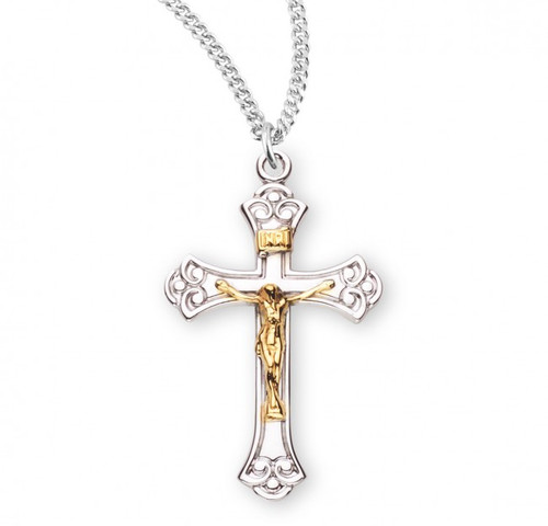 Sterling Silver Fancy Two-Tone Crucifix - 18" Chain