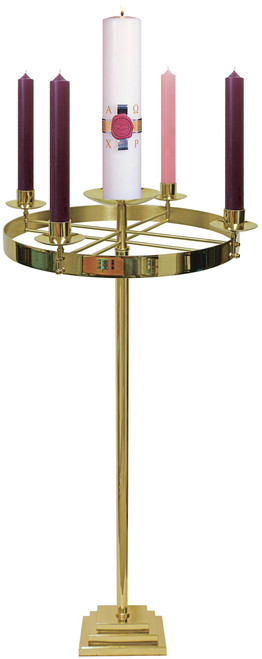 A standing advent wreath with a gold appearance.