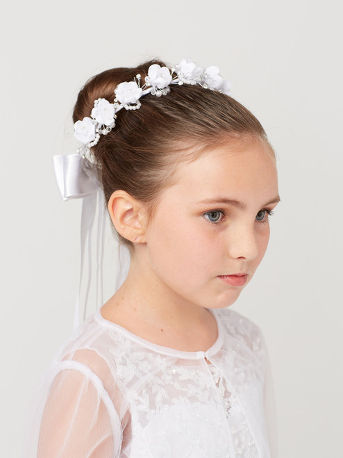 Girl's First Communion Headpiece-Pearls, Beads and Large Satin Flowers adorn this crown with satin bow and ribbons in back