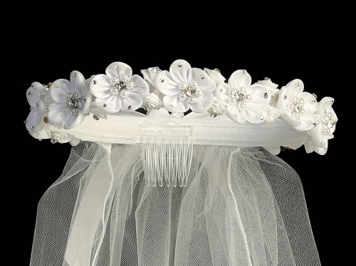 Communion Headpiece.   Veil with Flowers and Rhinestones, T33
18" veil - Satin flowers with rhinestones
Satin ribbon bow at the back
Made in U.S.A.