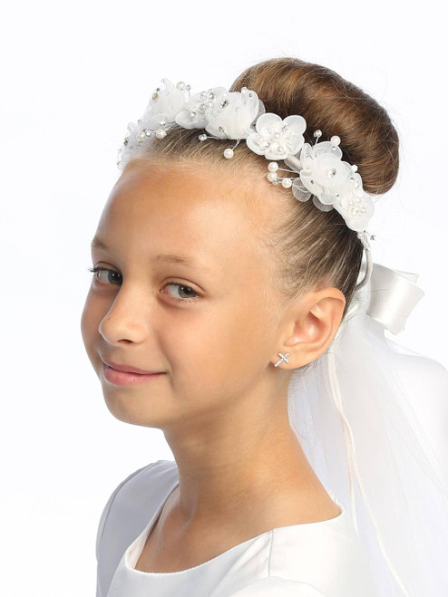 Communion Headpiece - Veil with Organza Flowers Rhinestones and Pearls 
