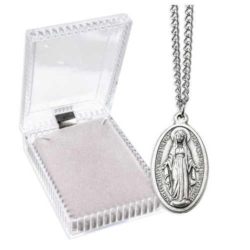 Antiqued Silver Oxidized Miraculous Medal - 24" Chain