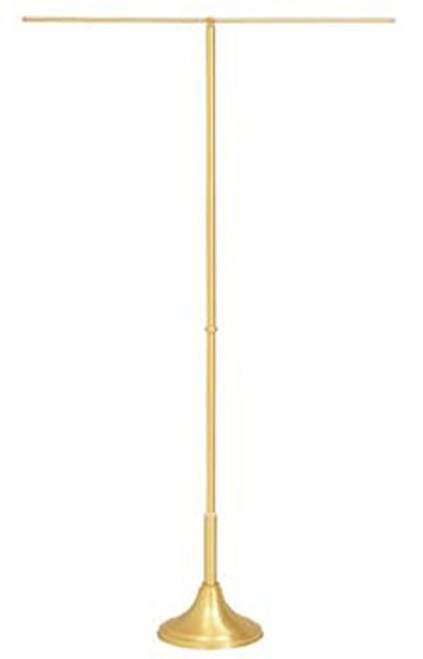 Processional Banner Stand. Solid brass. Furnished with removable telescoping shaft extends 51˝ to 90˝. 10-1⁄2˝ base, 36˝ cross arm. Brass satin finish. Furnished with telescoping cross arm, extends 24" to 45˝, for an additional charge.