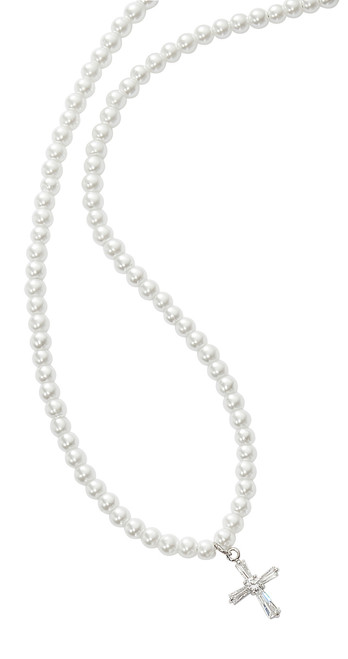 16" PEARL NECKLACE WITH CRYSTAL STONE CROSS. COMES CARDED.