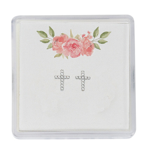 Silver Crystal Cross Earrings 