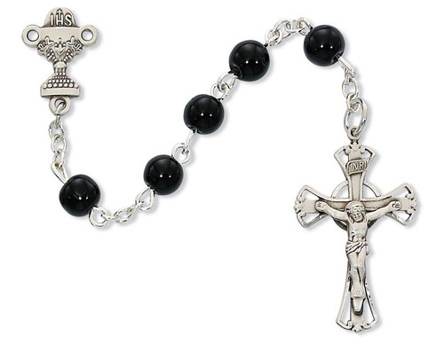 5MM Black Glass Bead Rosary with Chalice Center 