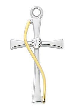 Sterling Silver Two-Tone Cross with Cubic Zirconia Center - 18" Chain