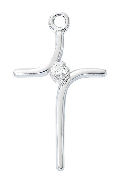 Sterling Silver or Gold-over Sterling Silver Curved Cross with Cubic Zirconia Center - 16-18" Chain