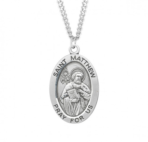 Sterling Silver Large Oval St. Matthew Medal - 24" Chain
