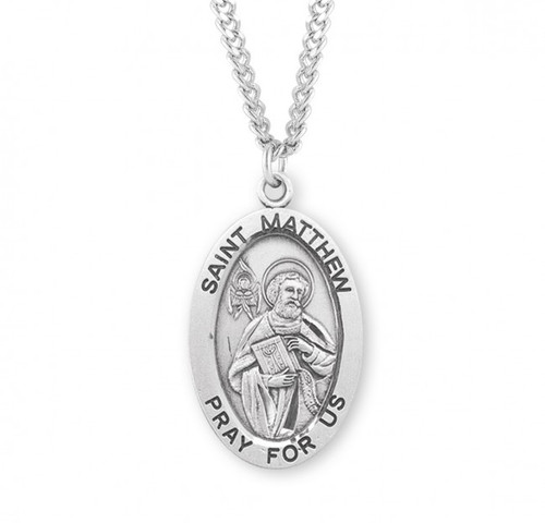 Sterling Silver Large Oval St. Matthew Medal - 24" Chain