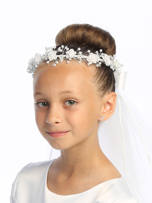Communion Headpiece - Veil with Corded Flowers