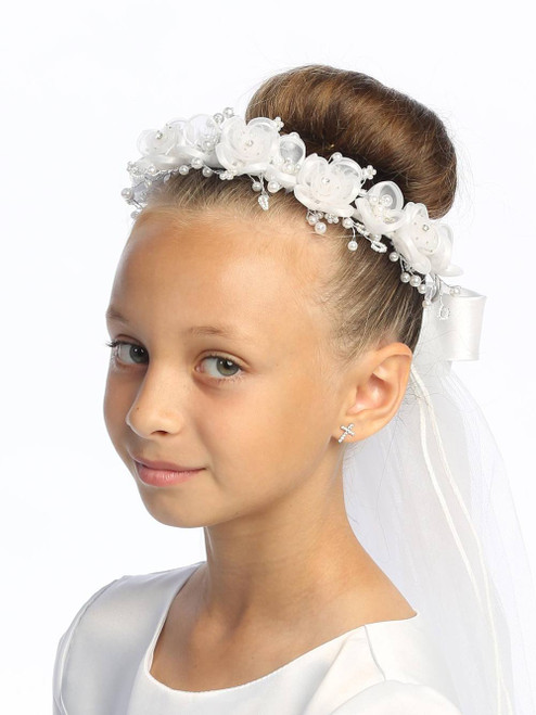 Communion Headpiece - Veil with Organza Flowers, Rhinestones and Pearl Acents 