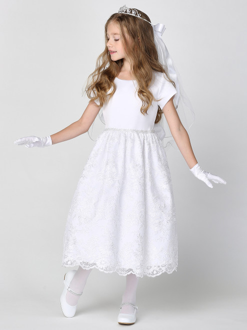 Communion Dress - Satin & Corded Embroidered Tulle with Sequins 