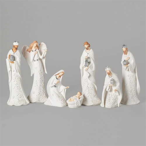 7-Piece White Nativity Set with Pearl Leaf Pattern - 12" 